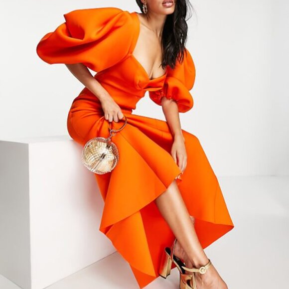 Asos design structured orange maxi dress with exagerated sleeves - Picture 2 of 3